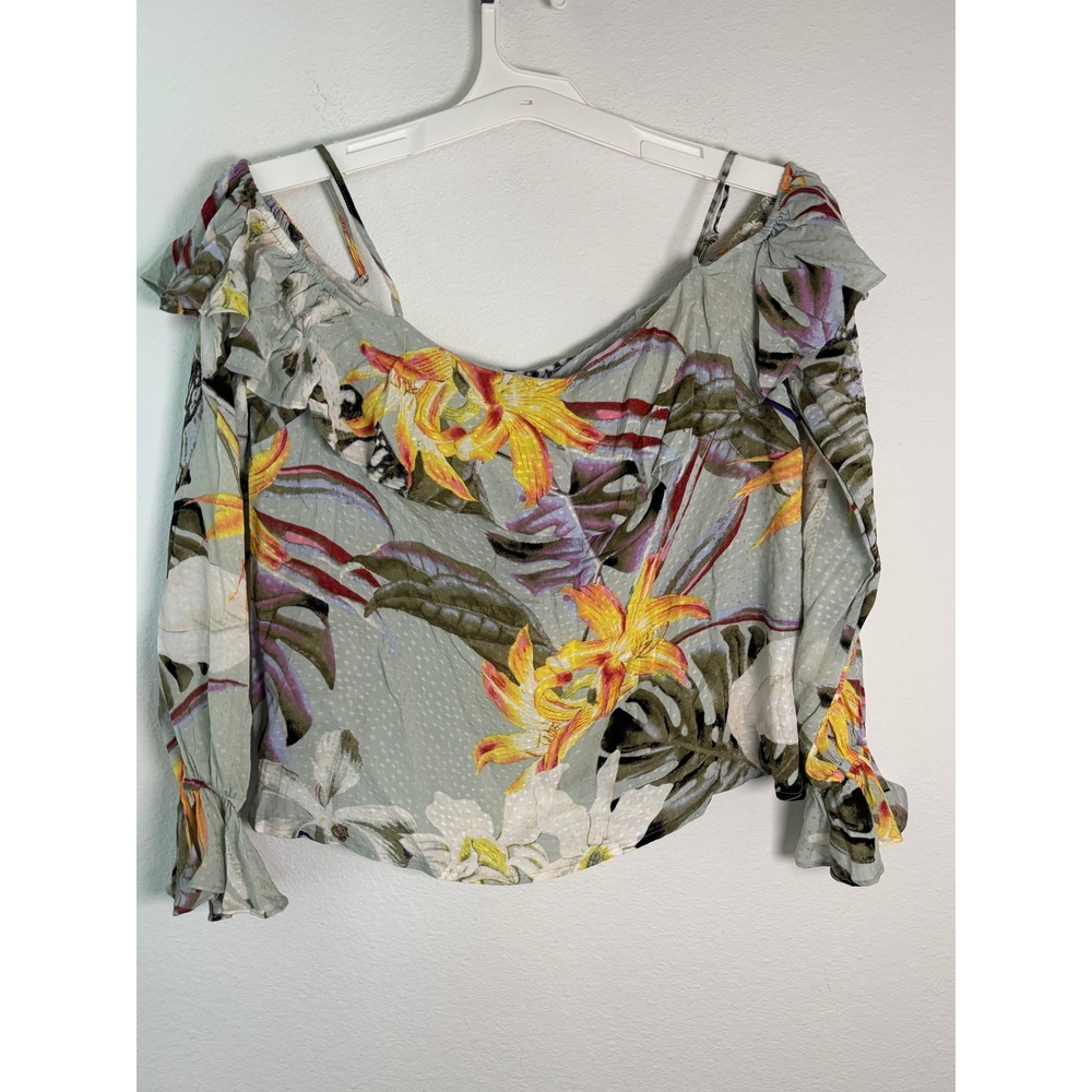 Guess Los Angeles Floral Cold Shoulder Top Sage Green Tropical Ruffle Small NWT